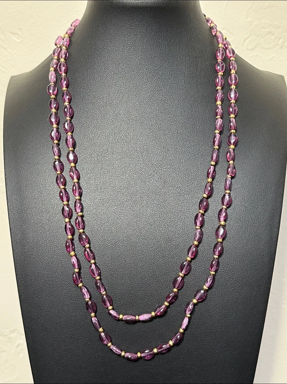 Purple Lucite Oval Beads & Gold Tone Spacer Continuous Vintage Flapper Necklace